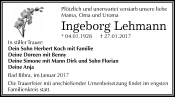 Traueranzeige von Ingeborg Lehmann von Super Sonntag Halle