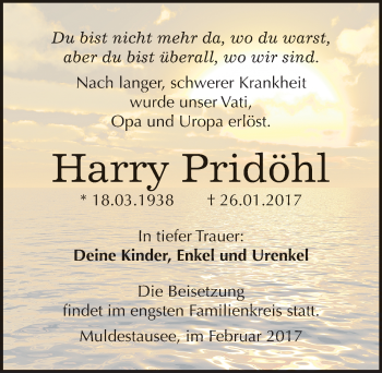 Traueranzeige von Harry Pridöhl von Mitteldeutsche Zeitung Bitterfeld