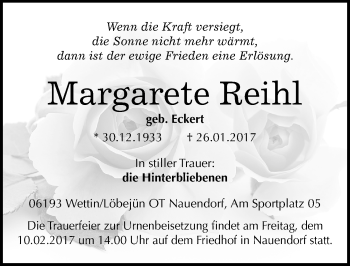 Traueranzeige von Margarete Reihl von Mitteldeutsche Zeitung Mansfelder Land