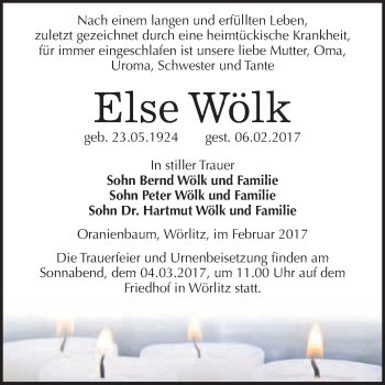 Traueranzeige von Else Wölk von Super Sonntag Wittenberg