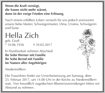Traueranzeige von Hella Zich von WVG - Wochenspiegel NMB / WSF / ZTZ