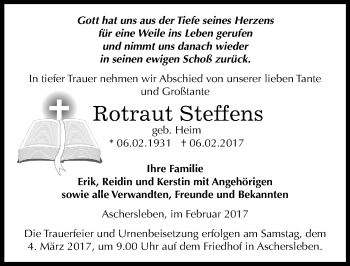 Traueranzeige von Rotraut Steffens von Mitteldeutsche Zeitung Aschersleben