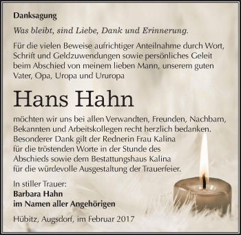 Traueranzeige von Hans Hahn von Mitteldeutsche Zeitung Mansfelder Land