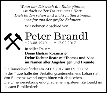 Traueranzeige von Peter Brandl von Mitteldeutsche Zeitung Bitterfeld