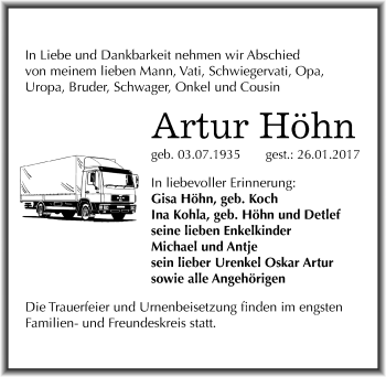 Traueranzeige von Artur Höhn von Mitteldeutsche Zeitung Mansfelder Land