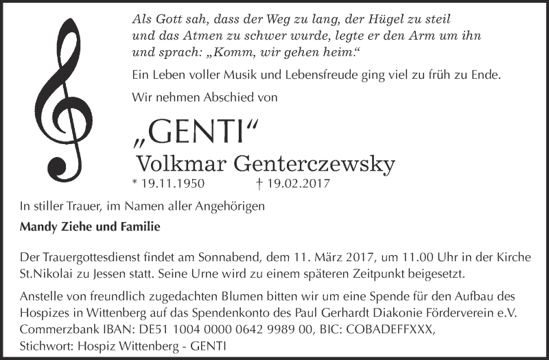  Traueranzeige für Volkmar Genterczewsky vom 25.02.2017 aus Super Sonntag Wittenberg