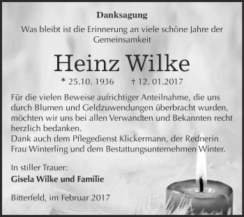 Traueranzeige von Heinz Wilke von WVG - Wochenspiegel Bitterfeld