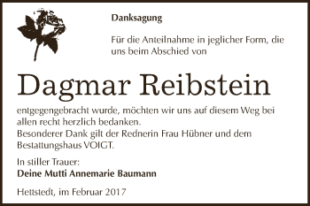 Traueranzeige von Dagmar Reibstein von Super Sonntag SGH Mansf. Land