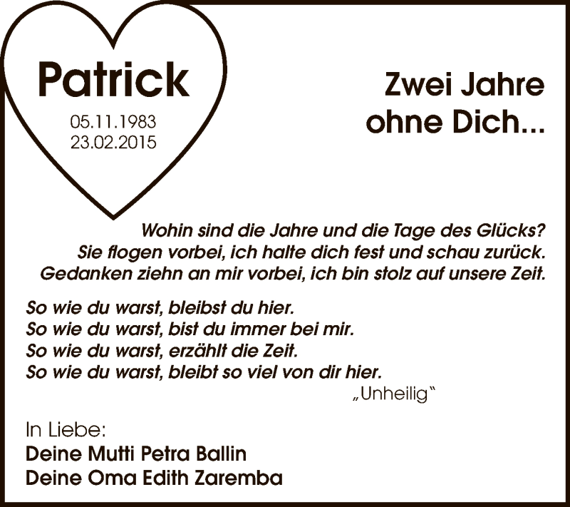  Traueranzeige für Patrick Ballin vom 25.02.2017 aus Super Sonntag Bernburg