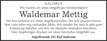 Traueranzeige von Waldemar Mettig von Super Sonntag Quedlinburg