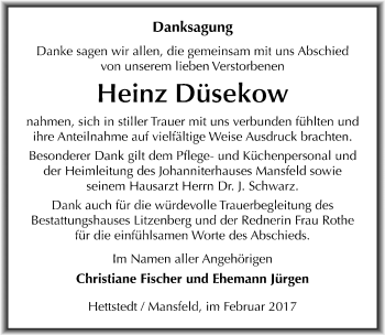Traueranzeige von Heinz Düsekow von Mitteldeutsche Zeitung Mansfelder Land
