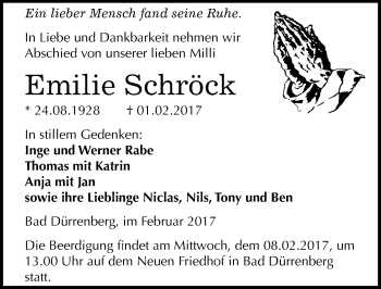 Traueranzeige von Emilie Schröck von Mitteldeutsche Zeitung Merseburg/Querfurt