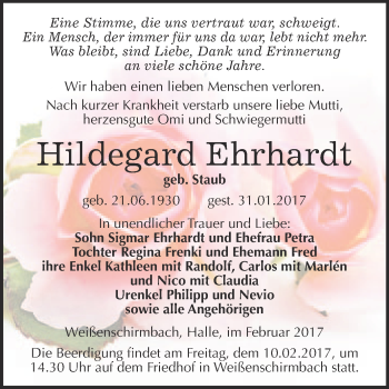 Traueranzeige von Hildegard Ehrhardt von Super Sonntag Halle