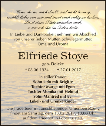 Traueranzeige von Elfriede Stoye von Mitteldeutsche Zeitung Bitterfeld