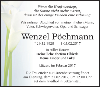 Traueranzeige von Wenzel Pöchmann von Mitteldeutsche Zeitung Weißenfels