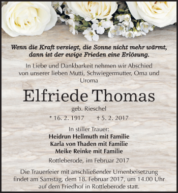 Traueranzeige von Elfriede Thomas von Mitteldeutsche Zeitung Sangerhausen
