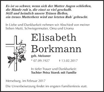 Traueranzeige von Elisabeth Borkmann von Super Sonntag Halle