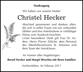 Traueranzeige von Christel Hecker von Mitteldeutsche Zeitung Aschersleben