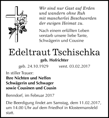 Traueranzeige von Edeltraut Tschischka von Mitteldeutsche Zeitung Mansfelder Land