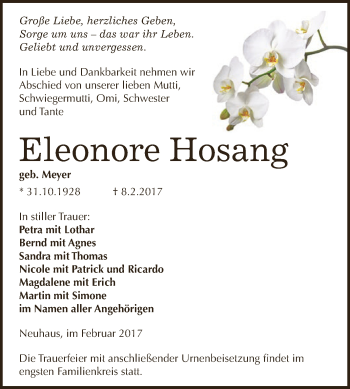 Traueranzeige von Eleonore Hosang von Super Sonntag SGH Mansf. Land