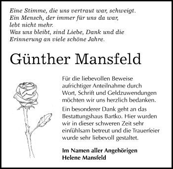 Traueranzeige von Günther Mansfeld von Mitteldeutsche Zeitung Köthen