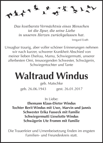 Traueranzeige von Waltraud Windus von WVG - Wochenspiegel Bitterfeld