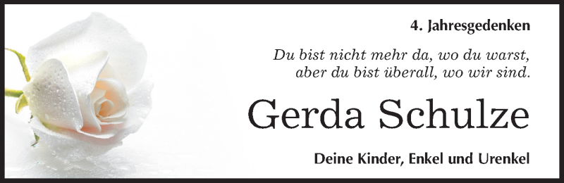  Traueranzeige für Gerda Schulze vom 22.02.2017 aus Mitteldeutsche Zeitung Mansfelder Land