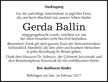Traueranzeige von Gerda Ballin von Mitteldeutsche Zeitung Mansfelder Land