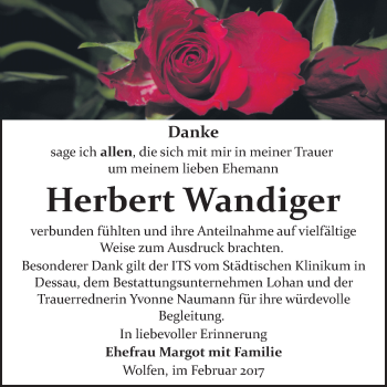 Traueranzeige von Herbert Wandiger von WVG - Wochenspiegel Bitterfeld