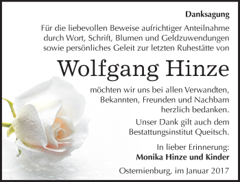 Traueranzeige von Wolfgang Hinze von Mitteldeutsche Zeitung Köthen