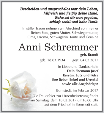 Traueranzeige von Anni Schremmer von Mitteldeutsche Zeitung Mansfelder Land
