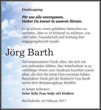 Traueranzeige von Jörg Barth von Mitteldeutsche Zeitung Mansfelder Land