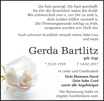 Traueranzeige von Gerda Bartlitz von Mitteldeutsche Zeitung Bitterfeld