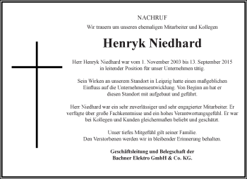 Traueranzeige von Henryk Niedhard von WVG - Wochenspiegel Dessau / Köthen