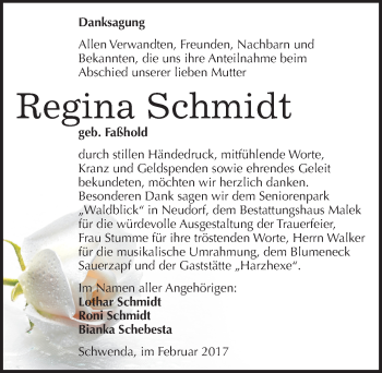 Traueranzeige von Regina Schmidt von Mitteldeutsche Zeitung Sangerhausen
