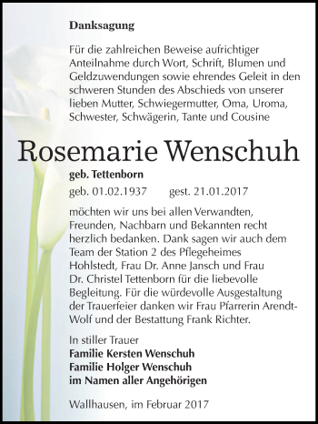 Traueranzeige von Rosemarie Wenschuh von Super Sonntag SGH Mansf. Land