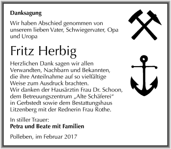 Traueranzeige von Fritz Herbig von Mitteldeutsche Zeitung Mansfelder Land