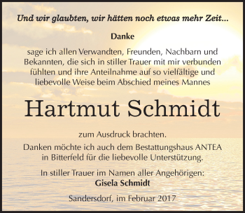 Traueranzeige von Hartmut Schmidt von Mitteldeutsche Zeitung Bitterfeld