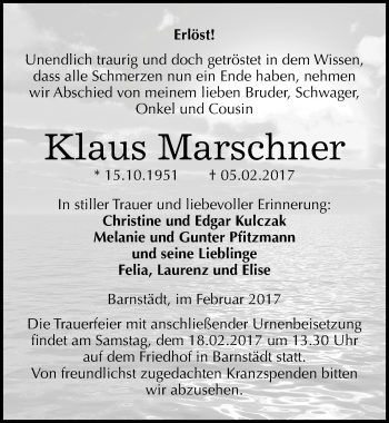 Traueranzeige von Klaus Marschner von Mitteldeutsche Zeitung Merseburg/Querfurt