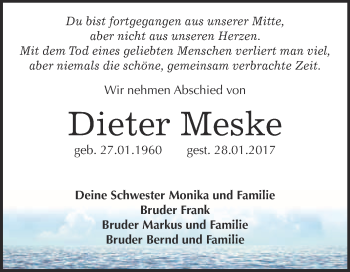 Traueranzeige von Dieter Meske von Super Sonntag Wittenberg