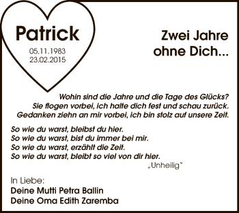 Traueranzeige von Patrick Ballin von Super Sonntag Bernburg