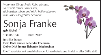 Traueranzeige von Sonja Franke von Mitteldeutsche Zeitung Halle/Saalkreis