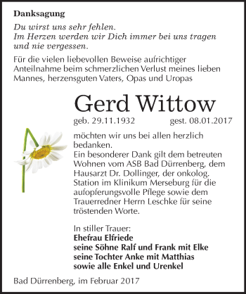 Traueranzeige von Gerd Wittow von Mitteldeutsche Zeitung Merseburg/Querfurt