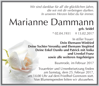 Traueranzeige von Marianne Dammann von Mitteldeutsche Zeitung Mansfelder Land