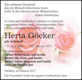 Traueranzeige von Herta Göcker von Mitteldeutsche Zeitung Zeitz