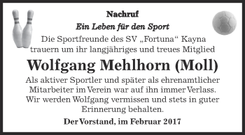 Traueranzeige von Wolfgang Mehlhorn von Super Sonntag Zeitz