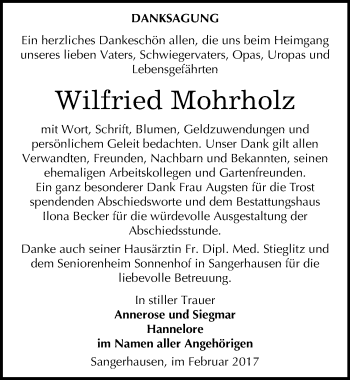 Traueranzeige von Wilfried Mohrholz von Mitteldeutsche Zeitung Sangerhausen