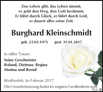 Traueranzeige von Burghard Kleinschmidt von WVG - Wochenspiegel NMB / WSF / ZTZ