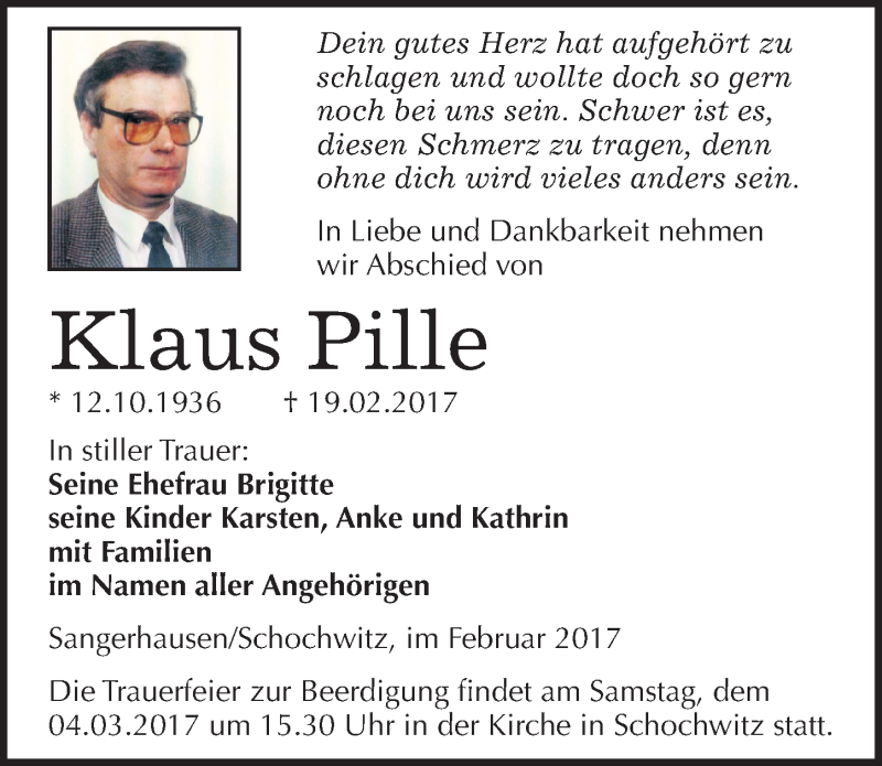 Traueranzeige für Klaus Pille vom 25.02.2017 aus Mitteldeutsche Zeitung Sangerhausen
