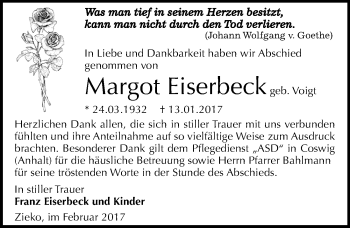 Traueranzeige von Margot Eiserbeck von Mitteldeutsche Zeitung Wittenberg